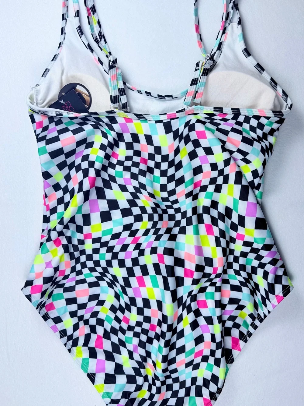 No Boundaries Junior’s XL (15-17) Black Multi Neon Checkerboard One Piece Swim - Picture 5 of 7
